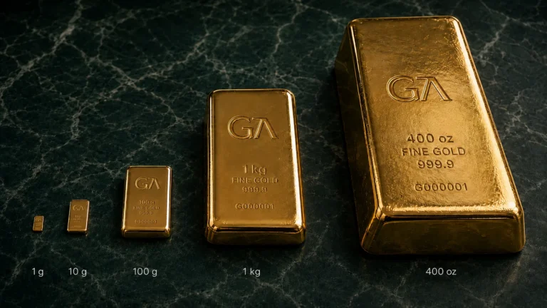 Gold bar weight comparison: 1 g, 10 g and 100 g minted bars beside a 1 kg kilobar and a 400 oz wholesale bar