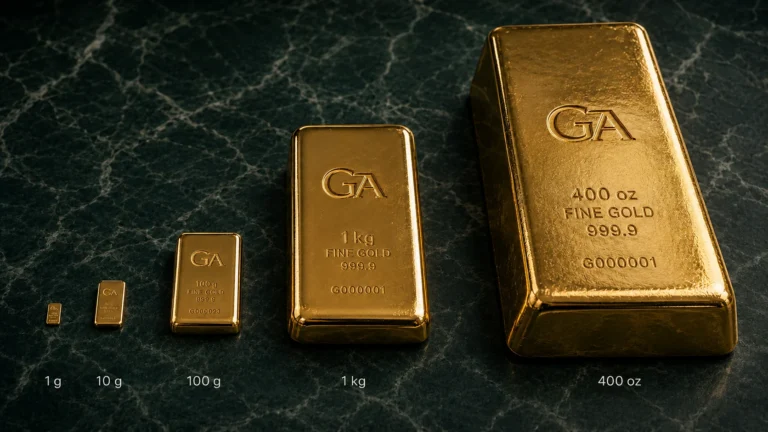 Gold bar weight comparison: 1 g, 10 g and 100 g minted bars beside a 1 kg kilobar and a 400 oz wholesale bar