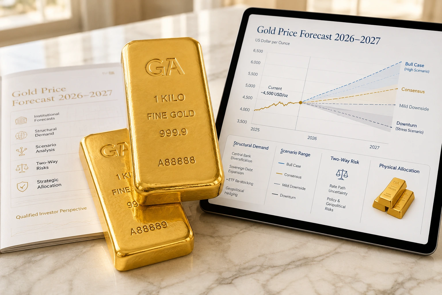 Gold price forecast 2026–2027 chart on a tablet beside two 1 kg fine gold bars and a printed brief