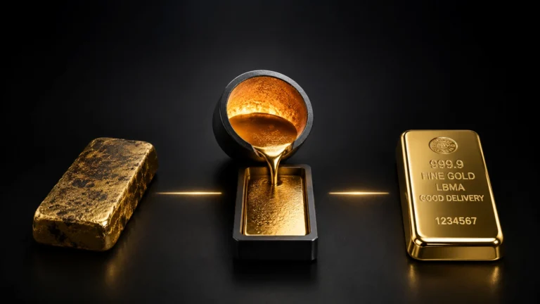 Gold refining process showing rough gold doré bars, an assay report, sample vial, and refined 999.9 investment-grade bullion in a professional refinery laboratory.