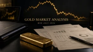 Gold market analysis illustration with cast gold bar, institutional research desk, and abstract gold price chart for mid-July 2026.