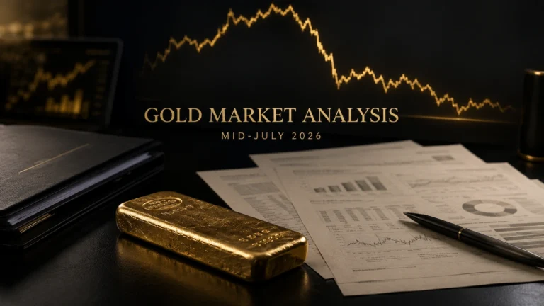Gold market analysis illustration with cast gold bar, institutional research desk, and abstract gold price chart for mid-July 2026.