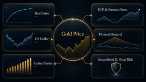 Gold price drivers chart showing real rates, the US dollar, central bank purchases, ETF and futures flows, physical demand, and geopolitical risk.
