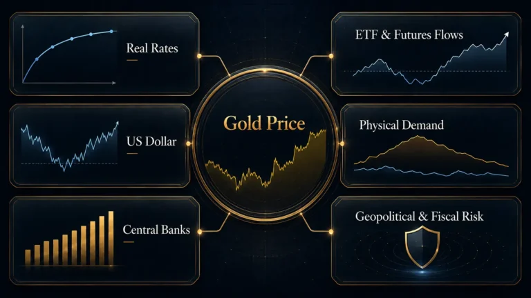 Gold price drivers chart showing real rates, the US dollar, central bank purchases, ETF and futures flows, physical demand, and geopolitical risk.