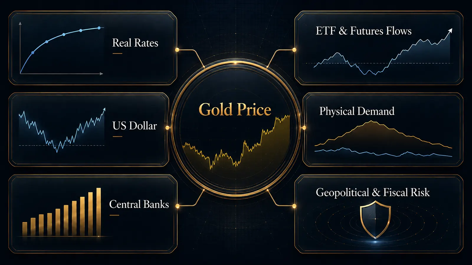 Gold price drivers chart showing real rates, the US dollar, central bank purchases, ETF and futures flows, physical demand, and geopolitical risk.