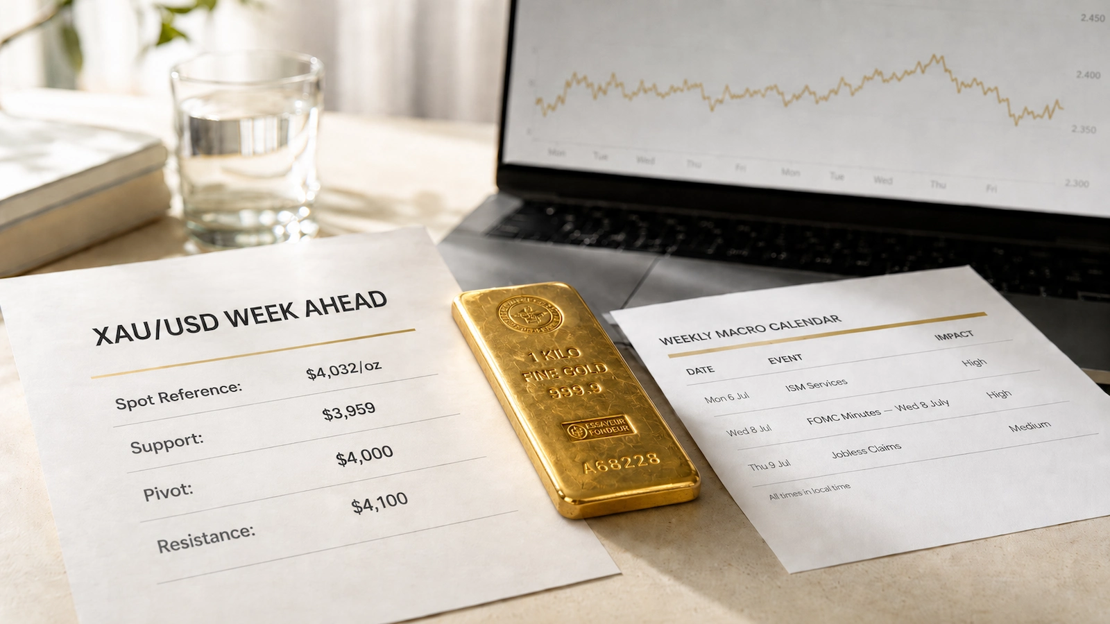 Gold price forecast next week with XAU/USD market levels, macro calendar, and 1 kg gold bar on a professional investment desk