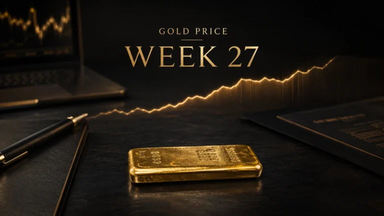 Gold Price Week 27 market analysis with cast gold bar and rising XAU/USD chart in Golden Ark Reserve editorial style.