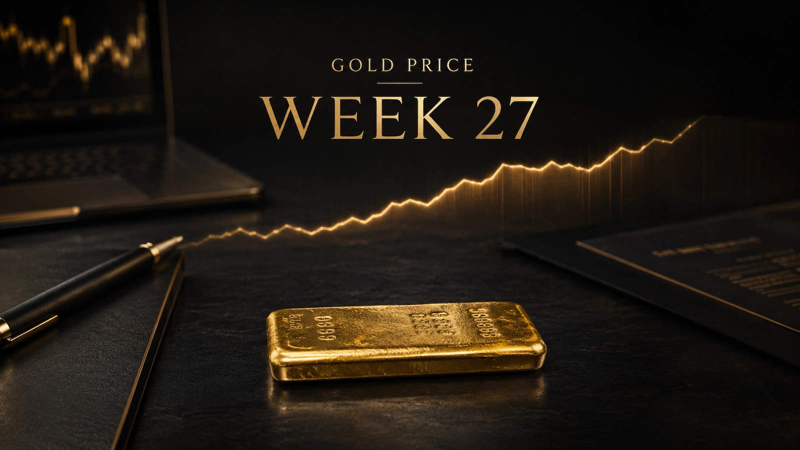 Gold Price Week 27 market analysis with cast gold bar and rising XAU/USD chart in Golden Ark Reserve editorial style.