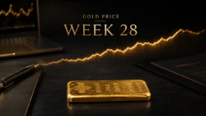 Gold Price Week 28 XAU/USD market analysis with cast gold bar and rising chart.