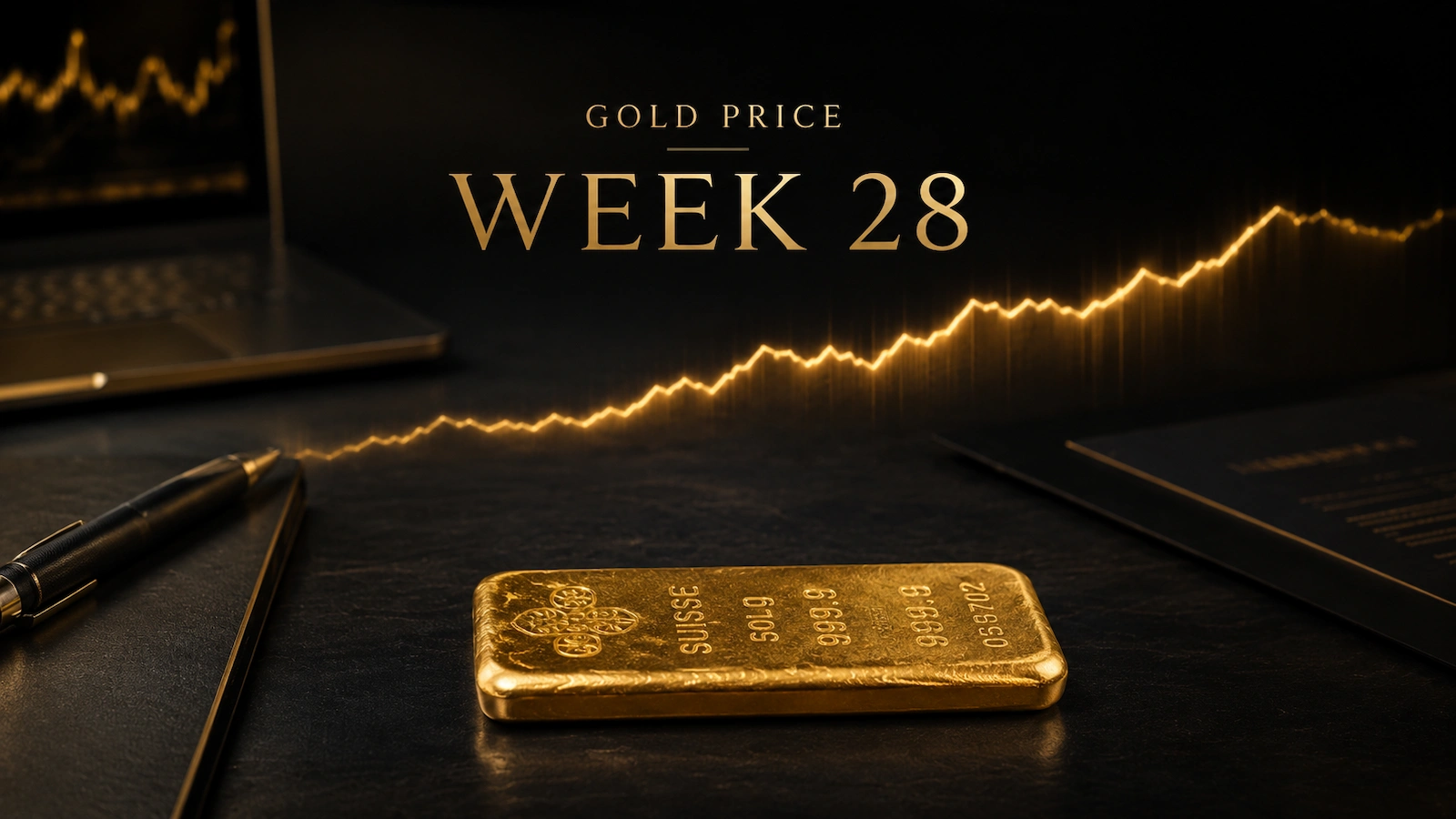 Gold Price Week 28 XAU/USD market analysis with cast gold bar and rising chart.