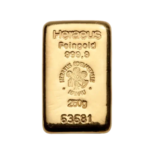 250 gram Gold Bar Heraeus (Cast)