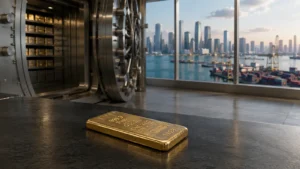 Gold bar inside a secure Singapore bullion vault overlooking the city skyline and port