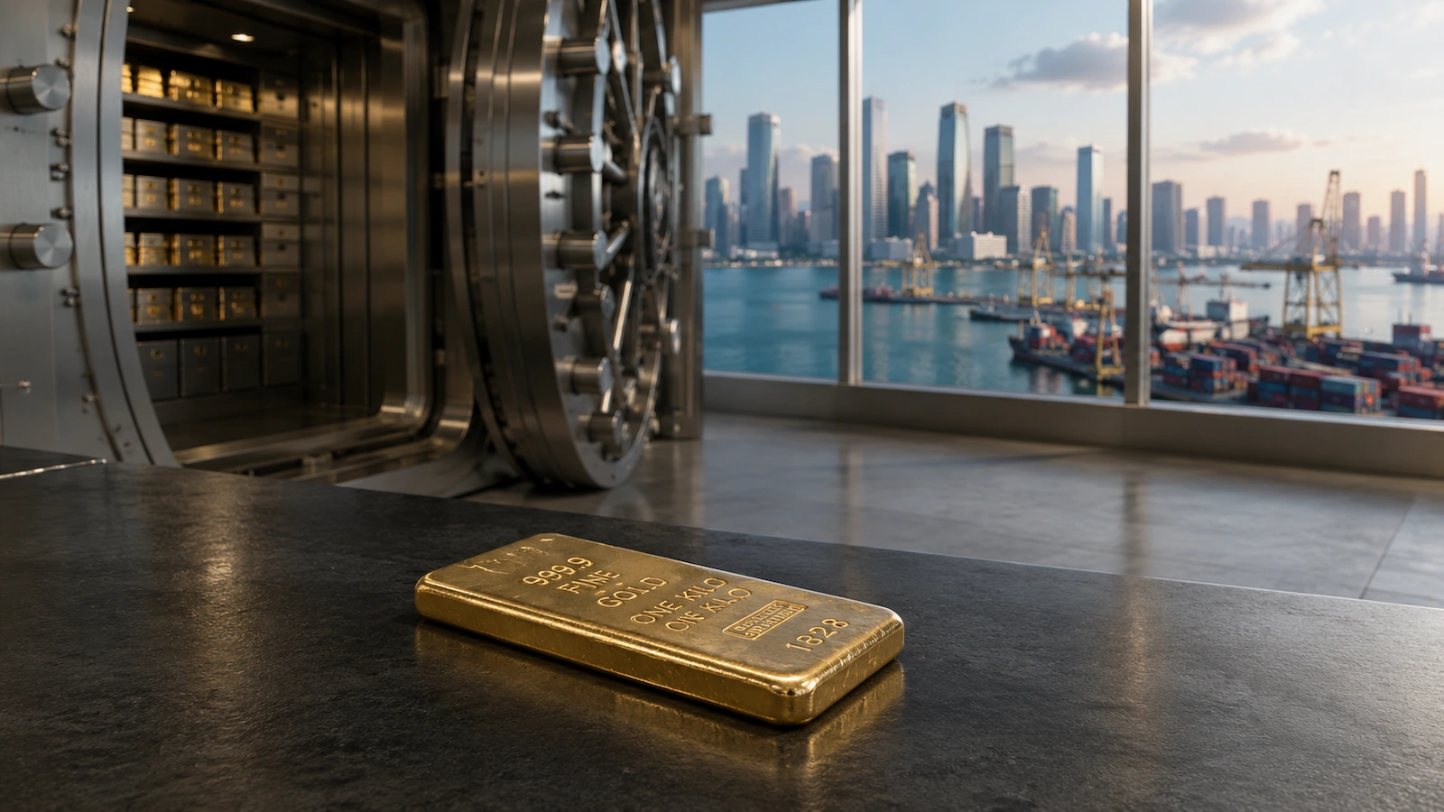 Gold bar inside a secure Singapore bullion vault overlooking the city skyline and port